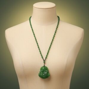 NEW, Buddha Pendant Necklace. Color:  Dark Green Jade. Length: 27.5".